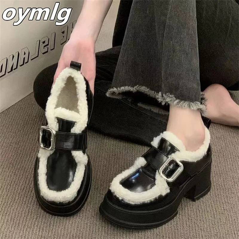 Thick soled Mary Jane lamb fur leather shoes for womens winter fashion casual small figure retro Lefu shoes 241007