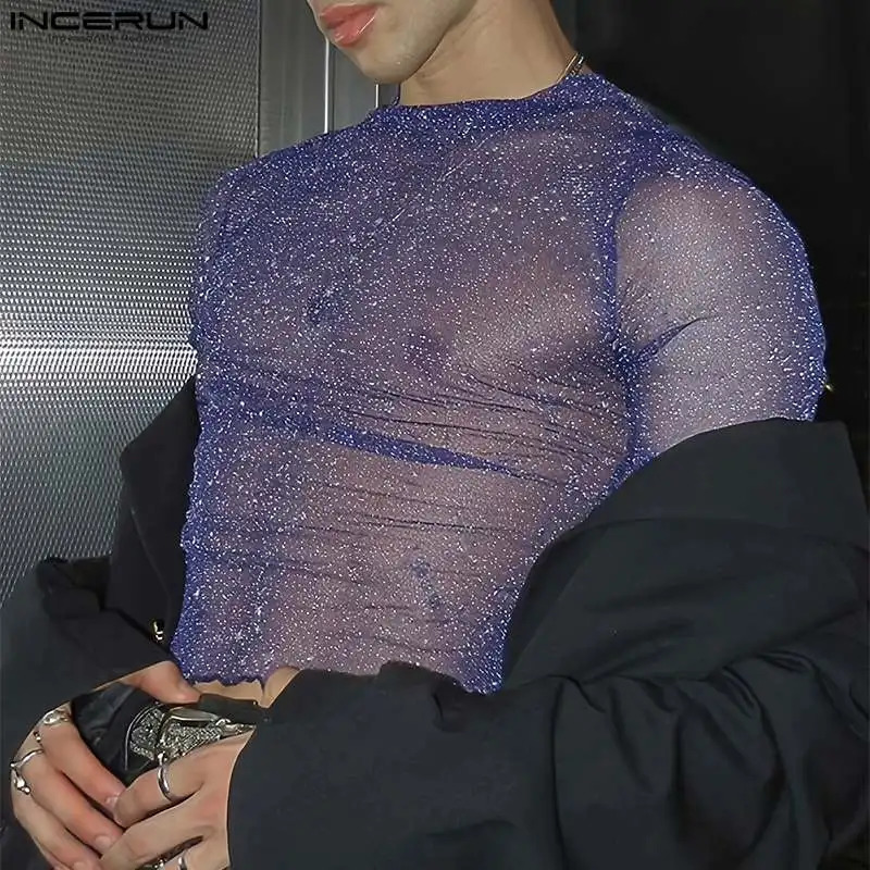 2024 Men T Shirt Mesh Transparent Shiny O-neck Long Sleeve Sexy Camisetas Streetwear Party Fashion Men Clothing S-5XL INCERUN 241011