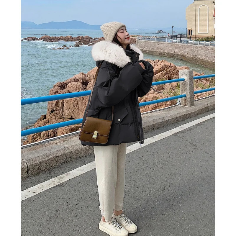 Khaki down jacket womens coat black hooded fashion American streetwear Y2K style duck down jacket womens winter short jacket 241009