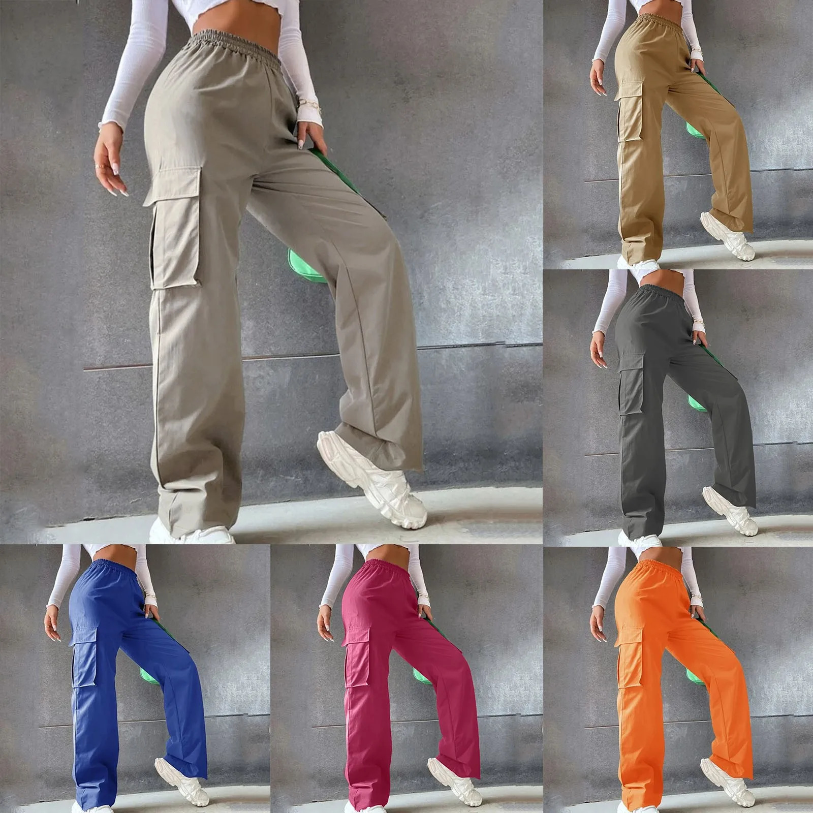 Fashion Multi Pocket Y2K Cargo Pants Womens Casual Versatile Streetwear Baggy Pants Loose Elastic Waist Solid Colour Trousers 241011