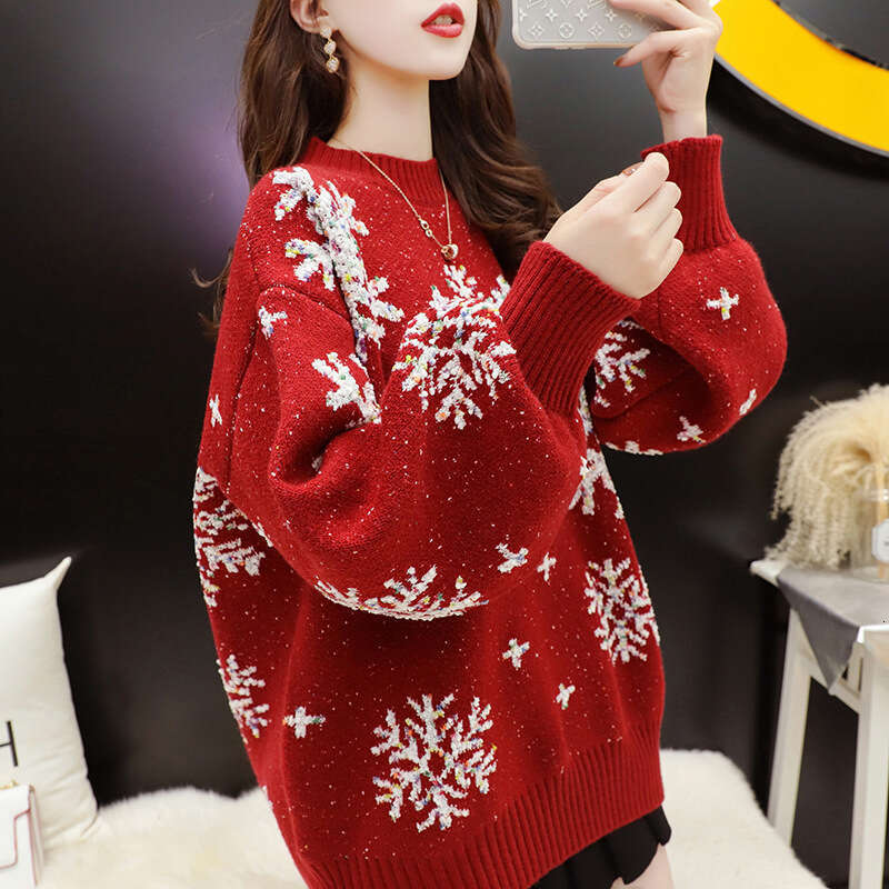 Red Christmas plus size sweater women's pullover thickened autumn and winter 2024 new knitwear top loose fit