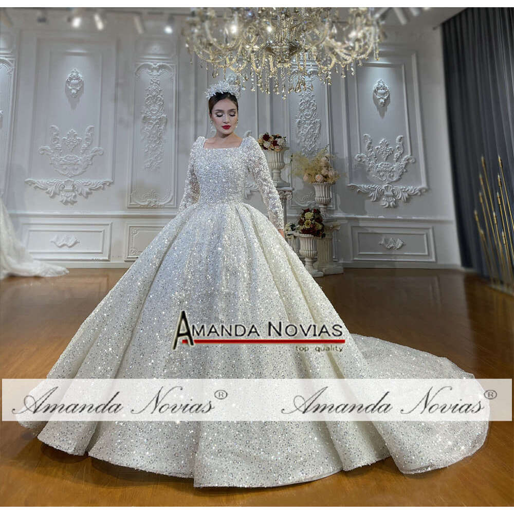 Custom made Muslim Square Sequins Shiny Wedding Dress Sequined Detachable Train Sleeveless Princess Bride Vestido De Noiva Custom Made