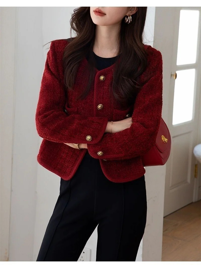Outerwears Womens Jacket Jackets Burgundy Coat Spring and Autumn Temperament Joker Socialite Tweed 241011