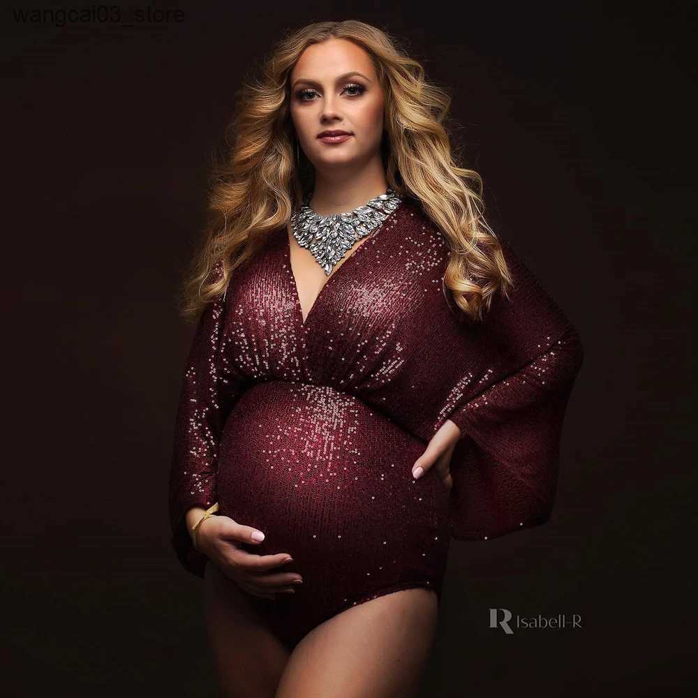 Maternity Dresses Maternity Photo Shoot Photography Dress For Women Sequins Bodysuit Private Photos Sexy Shiny Long Sleeve Jumpsuit Props Costumes L24