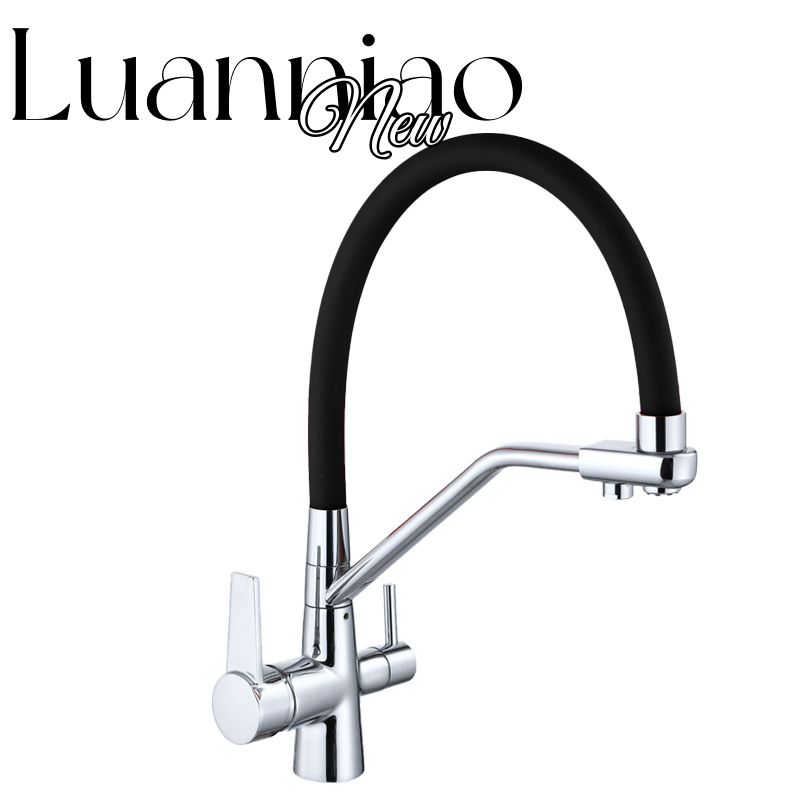 Kitchen faucet brass faucet hot and cold water faucet pure water faucet any retractable double handle faucet black tube
