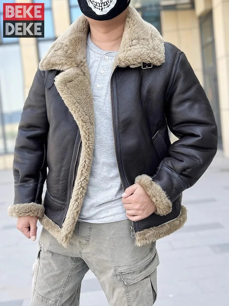 Winter genuine leather Pilot jacket with warm wool lining and wool short jacket for street wear mens genuine leather motorcycle jacket size 5XL 6XL 24