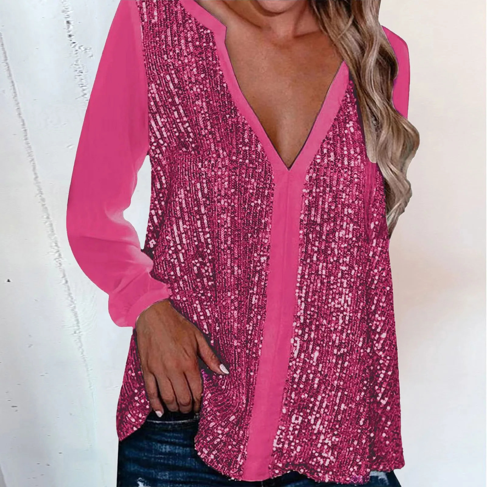 Womens Collar Loose Sexy Plus Size Tops Casual Color V Neck Sequin Blouse Long Sleeve WomenS Shirt 241011