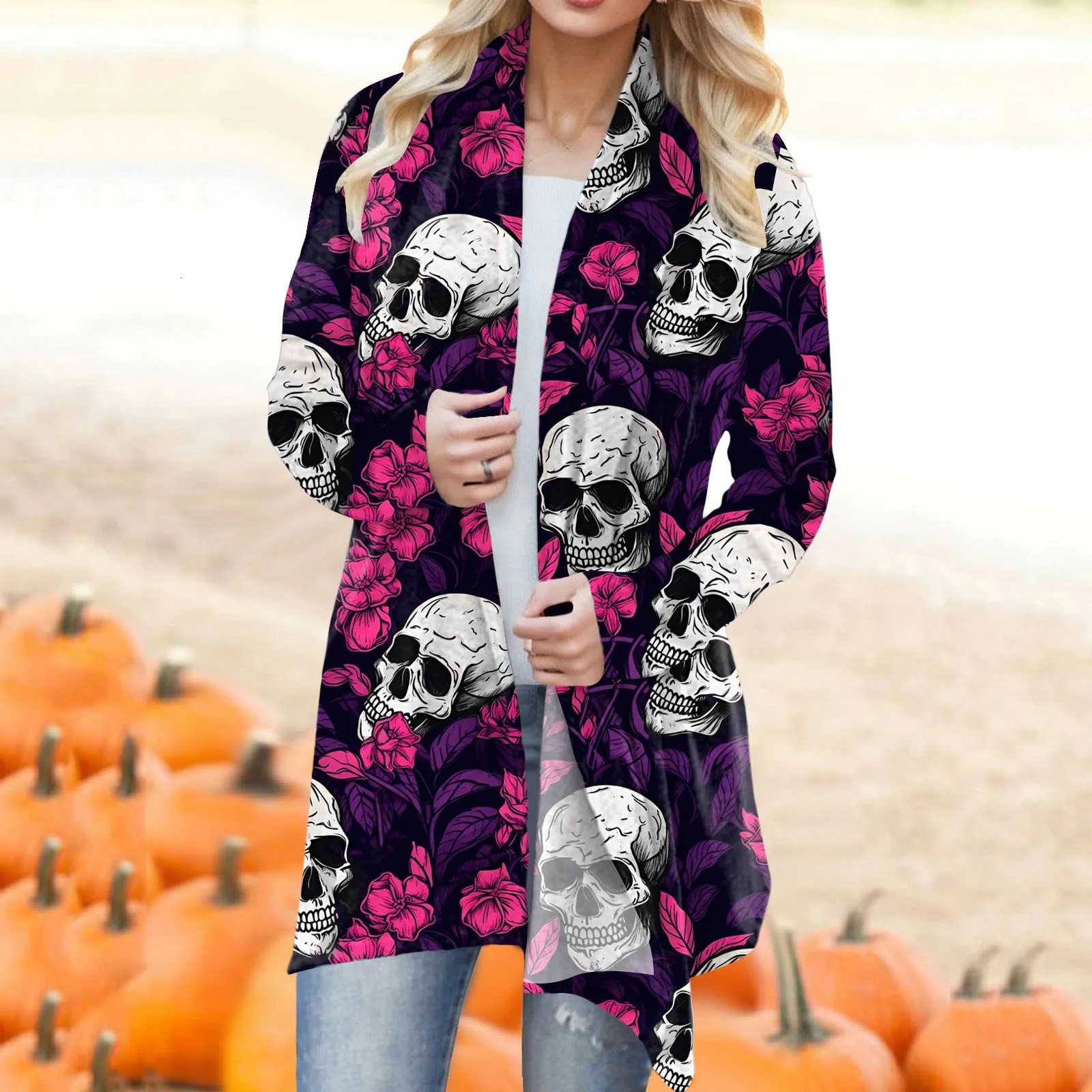 Womens fashion casual Halloween printed cardigan wool coat to keep warm medium to long party cardigan plus size 241007