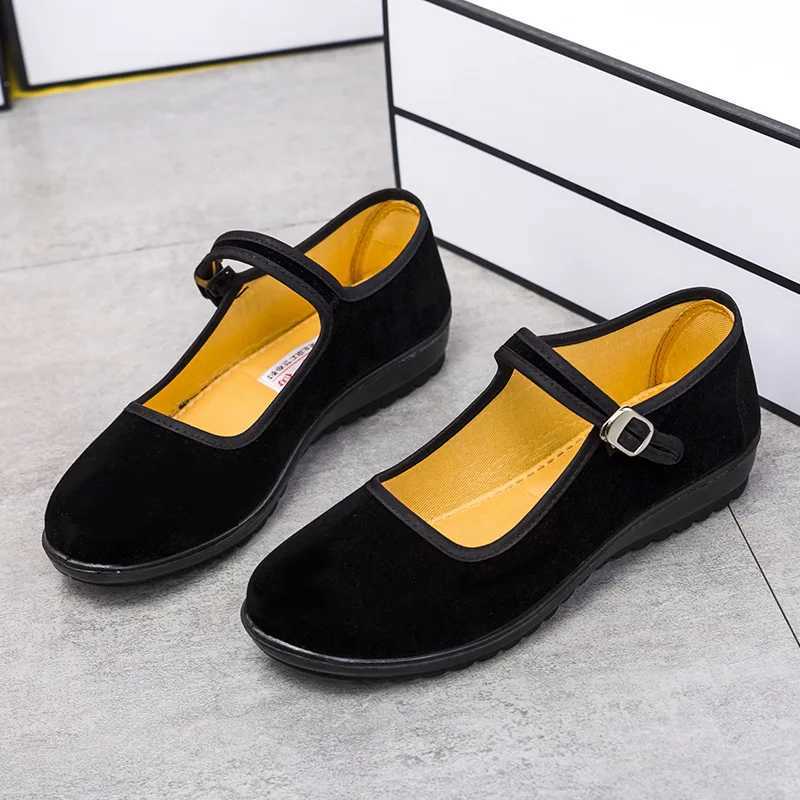 Womens Wedge Flat Shoes Spring New Fashionable Black Work Anti slip Rubber Sole Comfortable Belt Old Beijing Cloth Wedge Shoes Y241011