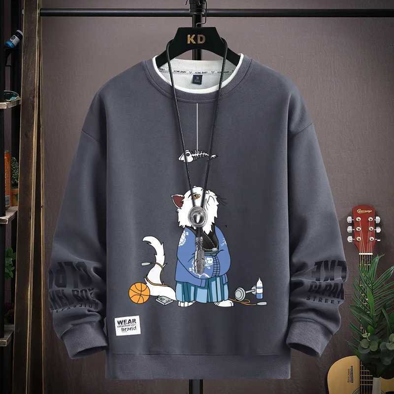 Autumn Mens Sweater Japan Cartoon Cat Printed Sweatshirt Harajuku High Street Trendy Long Sleeve O Neck T-shirt Mens Clothing LX241011