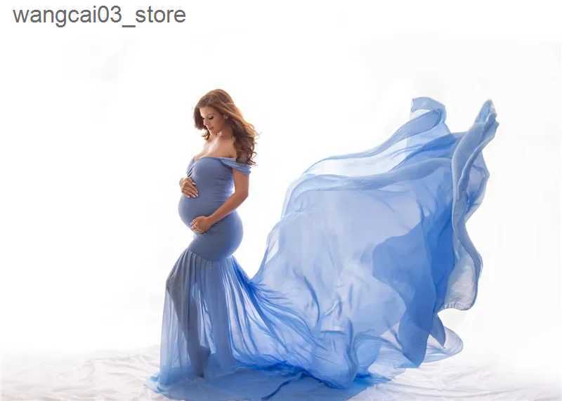Maternity Dresses New Off Shoulder Maternity Dress for Photo Lace Chiffon Long Maxi Dress Pregnant Dresses Photography Props Photo Shoot L240910