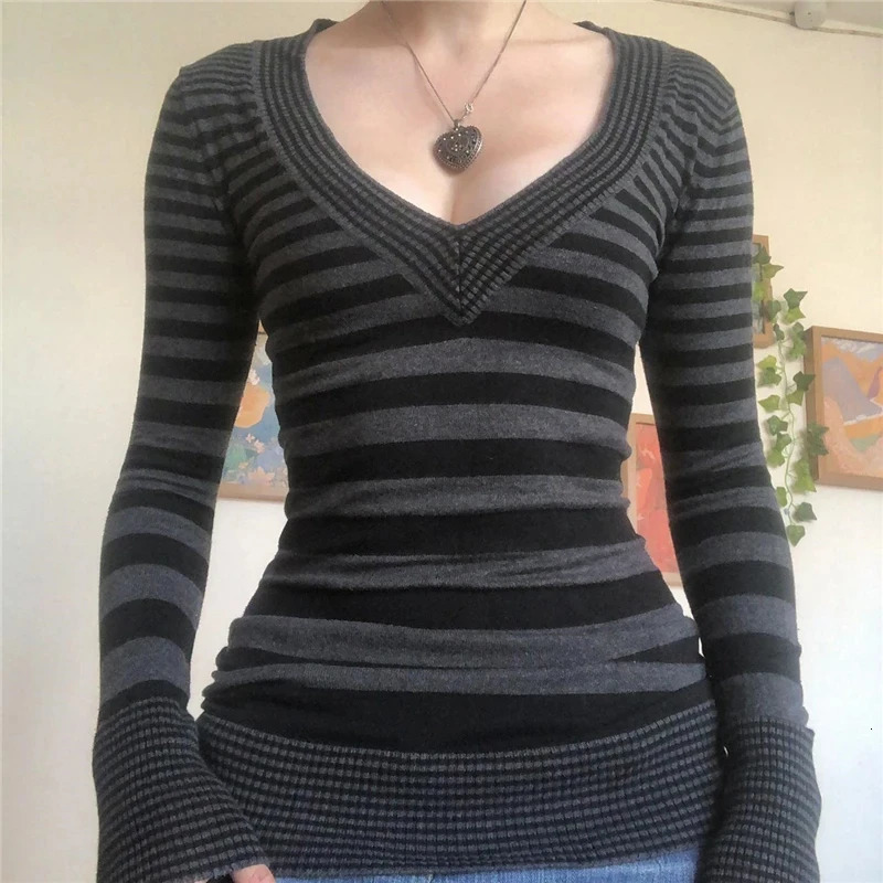 y2k Knitted Top Fairy Grunge Clothes Women Striped V Neck Long Sleeve T Shirt 2000s Clothing Punk Gothic Streetwear 241011