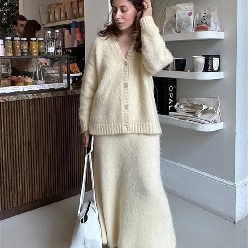 Elegant Solid Mohair Skirt Set Autumn Knit V Neck Cardigan Sweater 2 Piece Female Loose Long Skirts Fashion Party Suits y241010