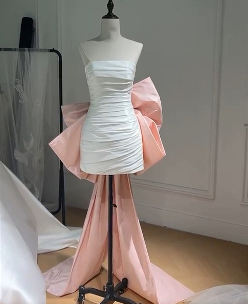 Mini Short Sheath Civil Wedding Dress With Detachable Bow Train Pleats Strapless Sleeveless White And Peach Pink Satin Bridal Gown Beach Boho Style