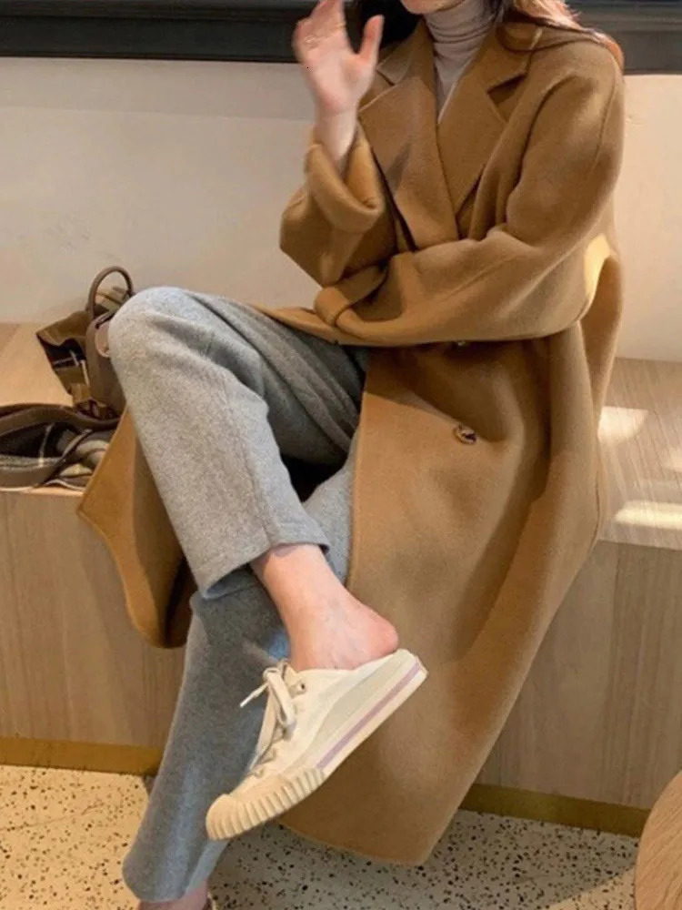 Korean double breasted long jacket for womens casual loose solid collar wool jacket for womens winter full matching chic streetwear 241007