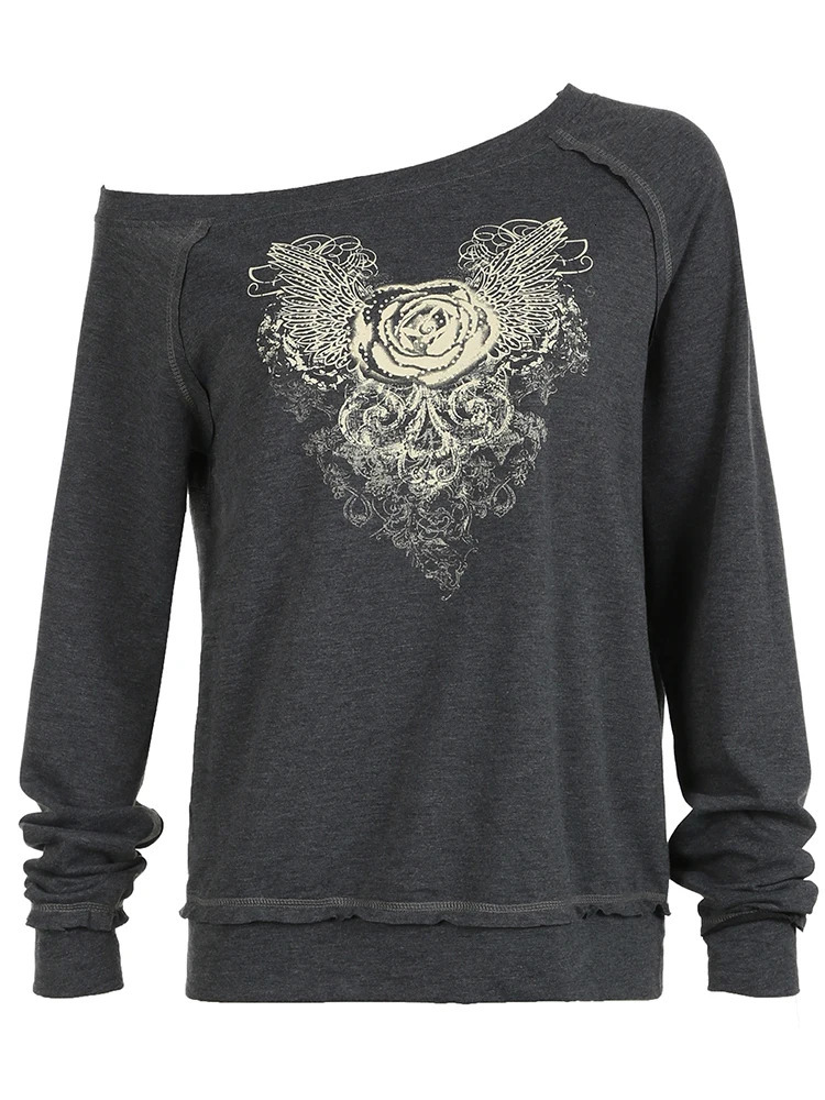 Rockmore retro printed diagonal neck sweatshirt loose womens casual long sleeved pullover top shoulder Y2K Grunge Fairycore fabric 241010