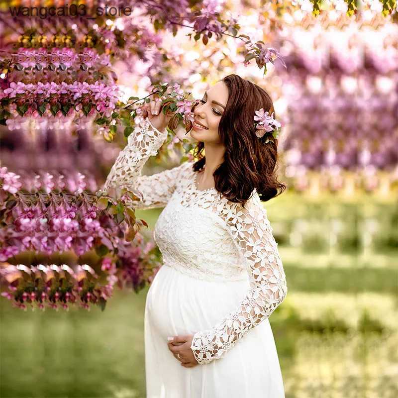 Maternity Dresses Lace Hollow Out Pregnancy Dresses for Photo Session Pregnant Elegant Robe Baby Shower Long Sleeve Maternity Dress Photography L24091
