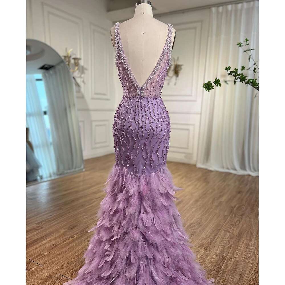 Feather Beaded Evening Fashion V-Neck Sequined Mermaid Gowns Elegant Side Slit Sweep Train Party Prom Dresses