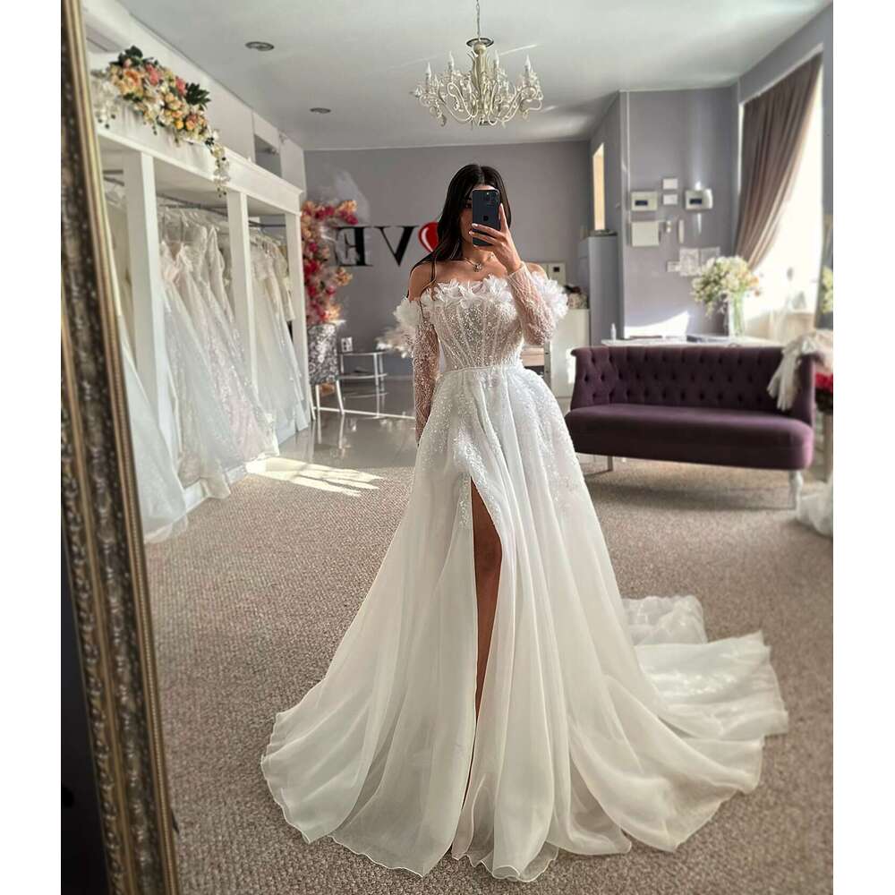 Off the Shoulder Long Sleeve Corset Beading Wedding Dress for Bride 2025 Side Slit Lace Appliques 3D wers A e Bridal Gown