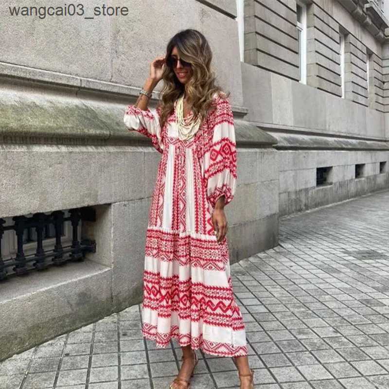 Maternity Dresses 5XL Puff Sleeve Boho Maxi Dress Summer Elegant Women Loose Casual Style Vacation Vestidos Drawstring V-Neck Long Beach Dresses L2409