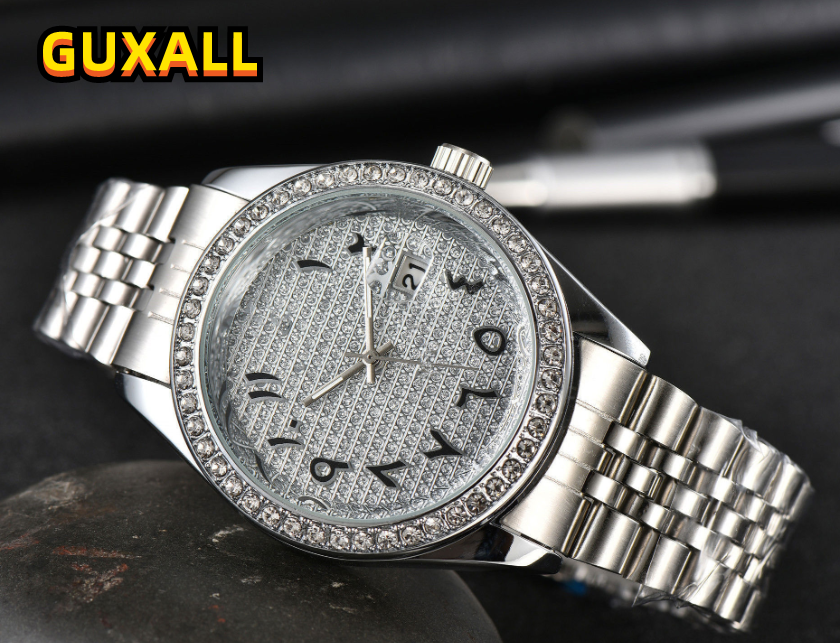 Arabic Numerals Automatic Date Men Watches Luxury Fashion Stainless Steel Band Quartz Clock All the Crime Set Auger High Quality sky starry diamonds ring wristwatch