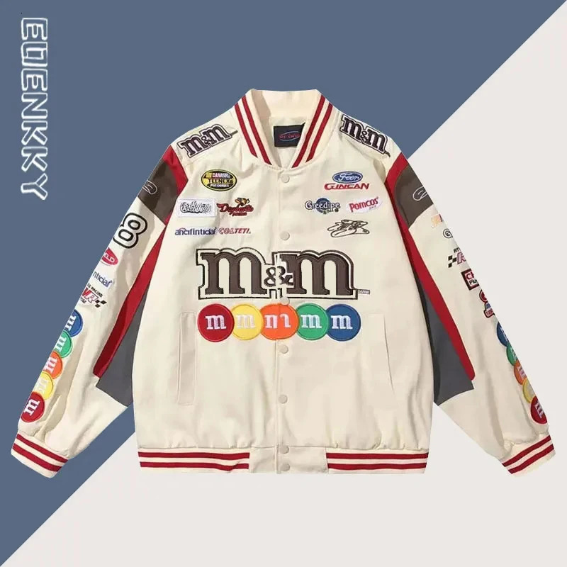 Bomber Jacket Women Hip Hop Letter M Embroidery Motorcycle Loose Casual Coat Unisex Street Racing Varsity Baseball Outwear 241011