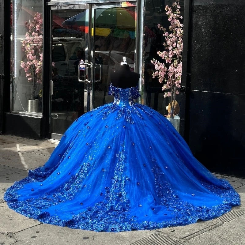Blue Shiny Quinceanera Dresses Ball Gown Applique Lace Beads Birthday Party Lace Up Graduation Gown Vestido De 15 Anos Sweet 16 Dress