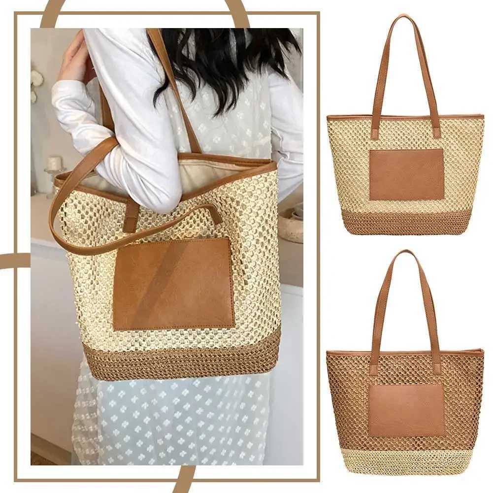 Womens crochet beach handbag PU patch work woven travel bag contrast color simple shoulder bag womens summer bag Y241011