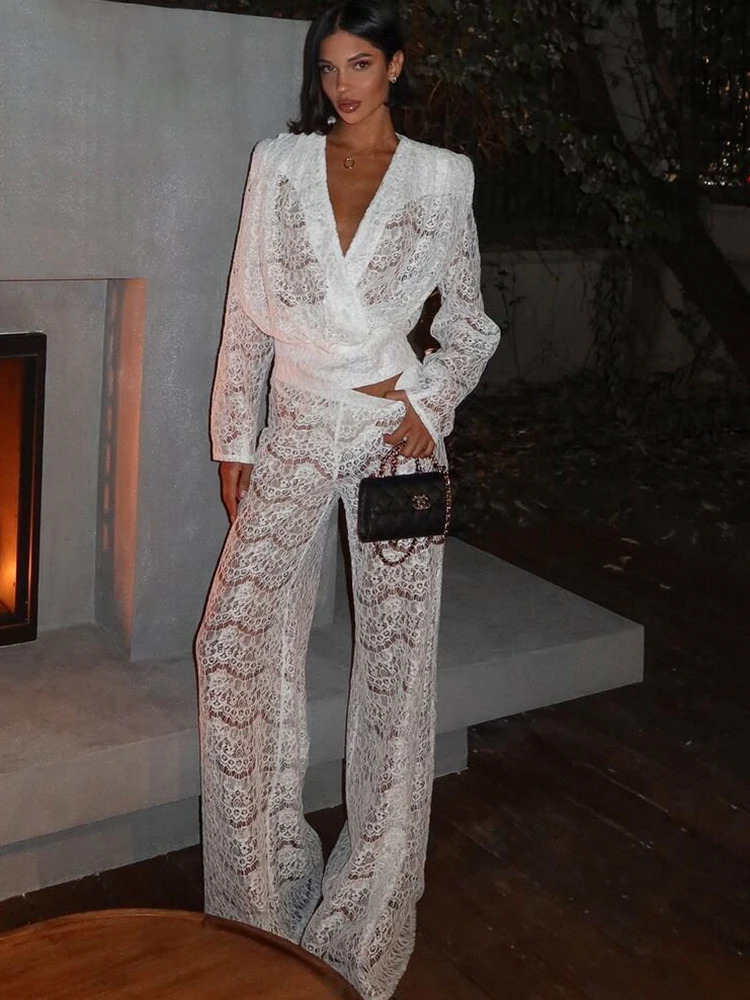 sexy deep See Through Lace Two Piece Sets womens long sleeved pants autumn solid cologant set