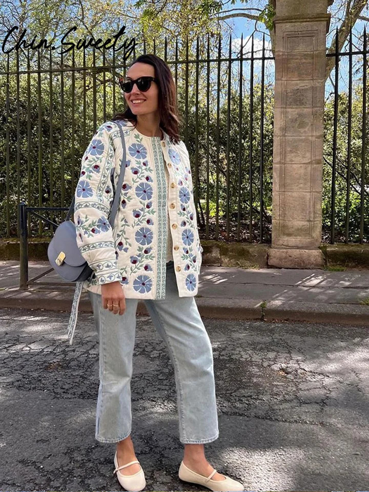 Autumn Winter Printed Cotton Coat with Womens Fashion O-neck Single Chest Lantern Sleeve Womens Coat Loose Womens Street Clothing 240927