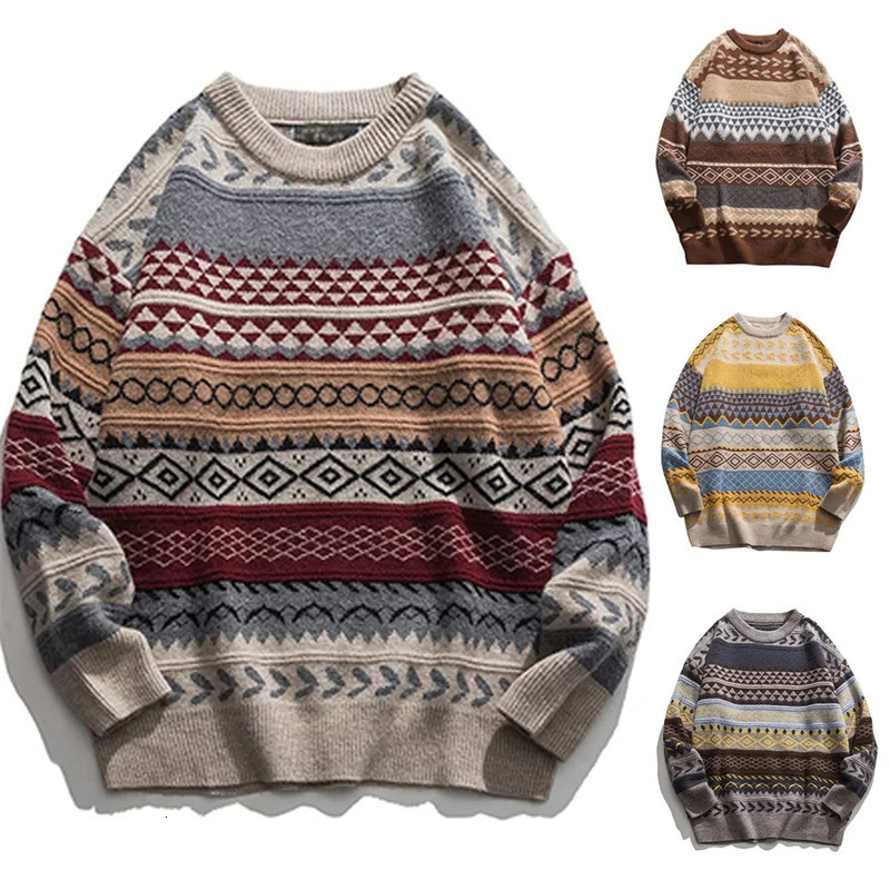 Cashmere Sweater For Men Oversized Striped Round Neck Fashion Pullovers Lazy Style Retro Casual Harajuku Kniited Sweater Unisex 241007