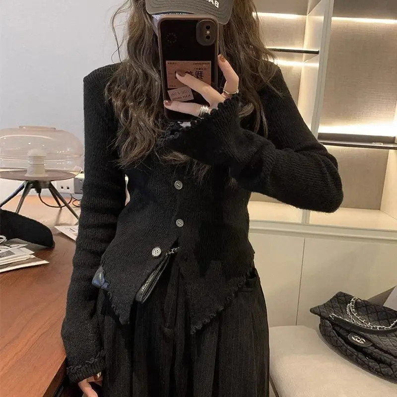 Deeptown Y2k Grey Vintage Women Kint Sweater Harajuku Long Sleeve Cardigan Irregular Korean Fashion Slim Autumn Jerseys Casual 241007