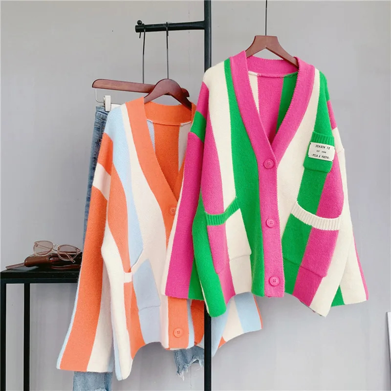 GACVGA 2024 Autumn Winter Striped Knitted Cardigan Women Long Sleeve Tops Loose Casual Sweater Fashion y2k Clothes Streetwear 241007