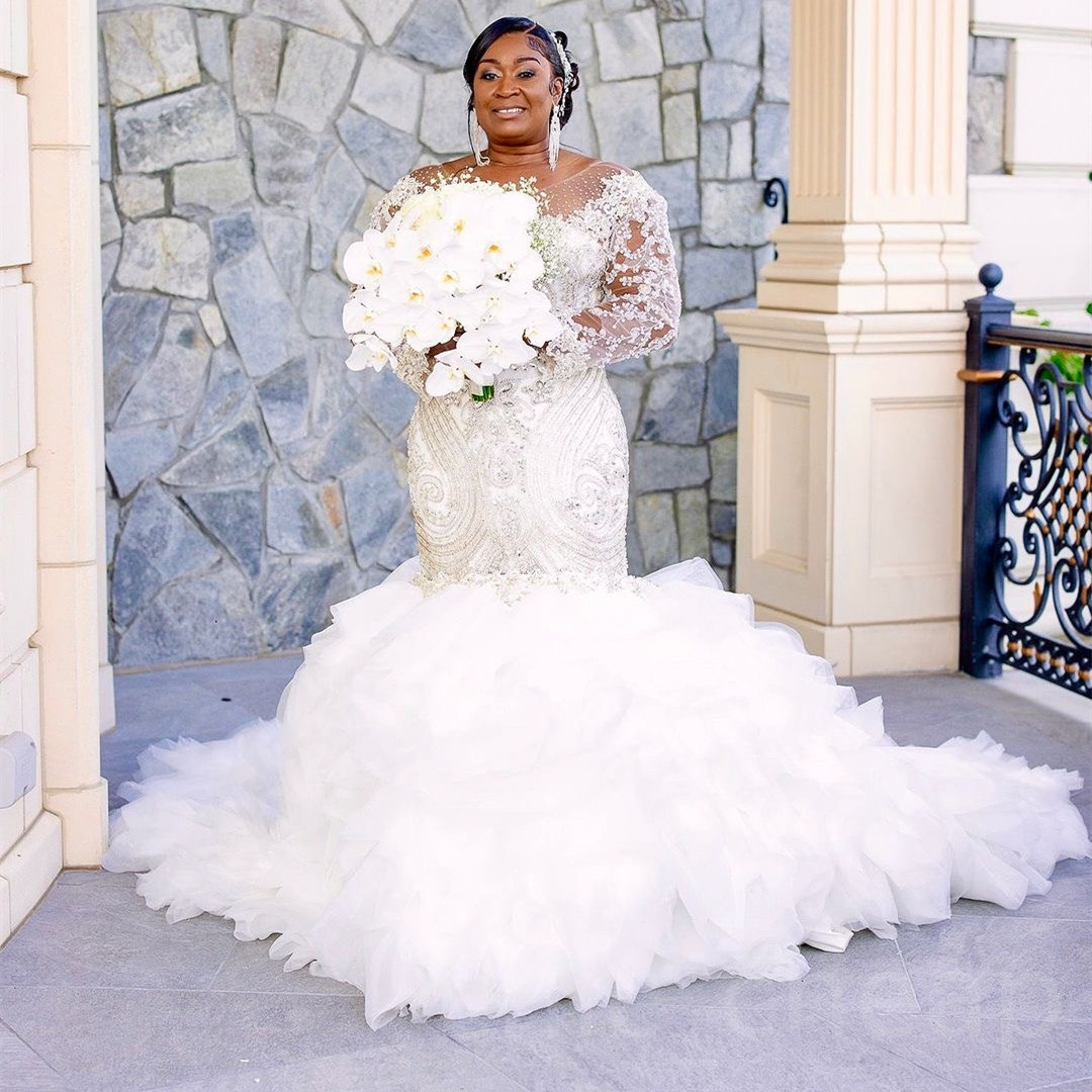 Aso Arabic Ebi Plus Size Ivory Mermaid Wedding Dresses Beaded Lace Full Sleeves Tiers Organza Vintage Elegant Bridal Gowns Dress ZJ