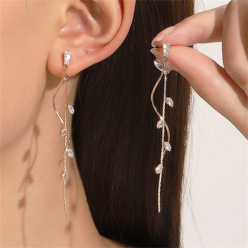 Long Silver Plated Crystal Leaf Tassel Drop Earrings For Women Wedding Fashion Jewelry Gift 240906