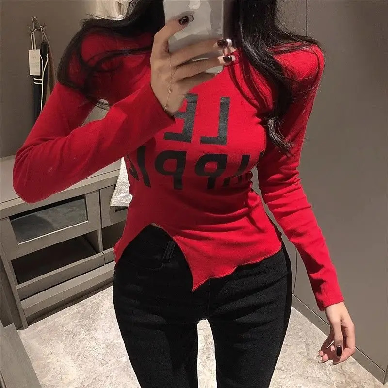 Y2K Letter Printing Short T Shirts Spring Long Sleeve Solid Color Slim Split Hem Sexy Tops Tees Fashion Trend Women Clothing 241011
