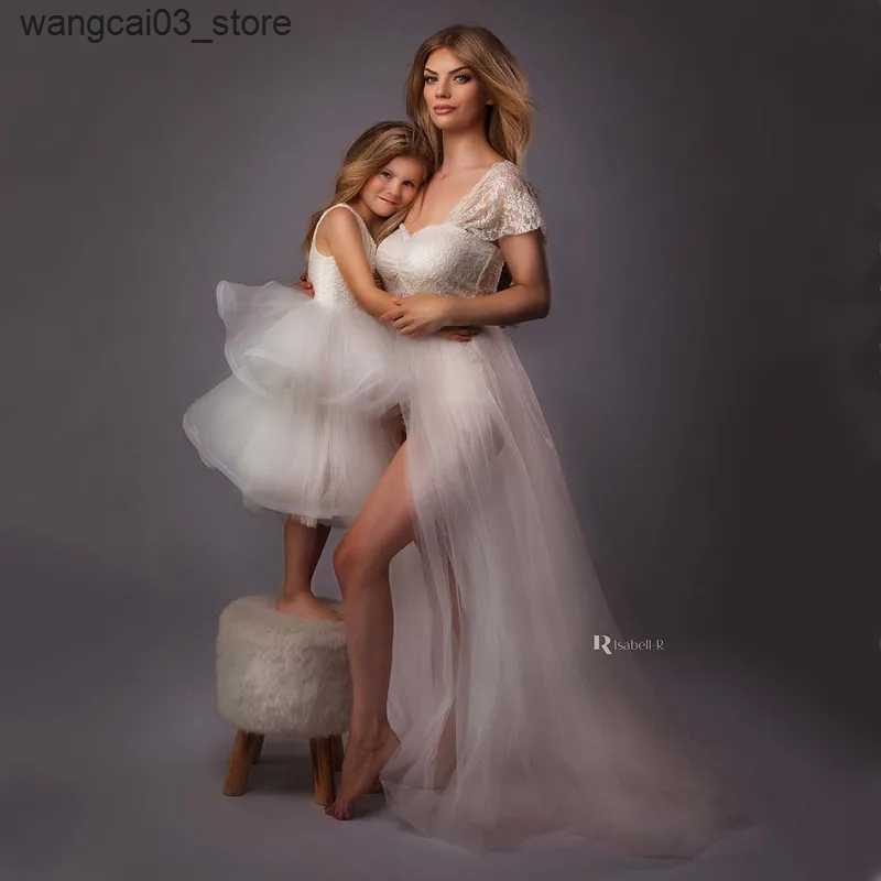 Maternity Dresses Maternity Photography Tulle Dresses Bodysuit Outfit Pregnant Woman Photo Shoot Sides Slit with Tulle Lace Long Flying Dress L240910