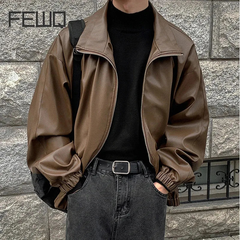 FEWQ American casual trend PU leather mens jacket autumn loose solid color stand up collar mens top Korean fashion 24E2052 241011