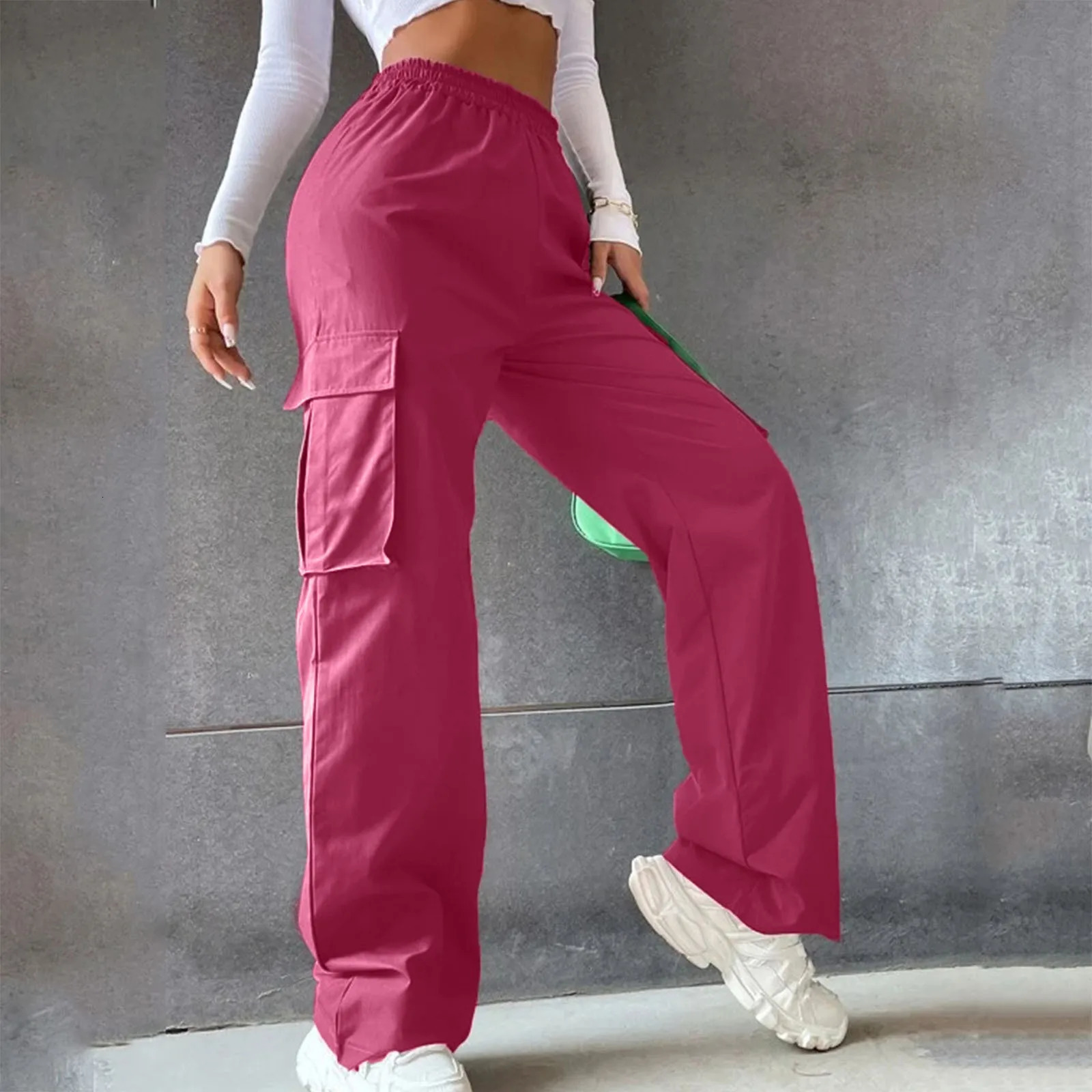 Fashion Multi Pocket Y2K Cargo Pants Womens Casual Versatile Streetwear Baggy Pants Loose Elastic Waist Solid Colour Trousers 241011