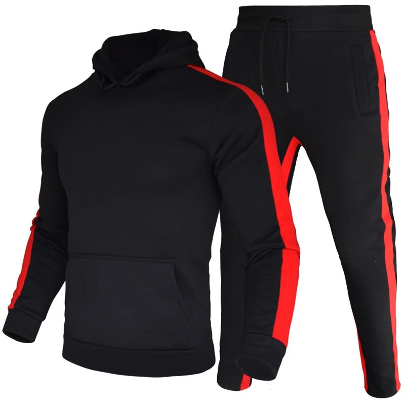 Mens 2-piece color block sportswear striped casual winter long sleeved warm and moisturizing willow breathable sportswear 240927