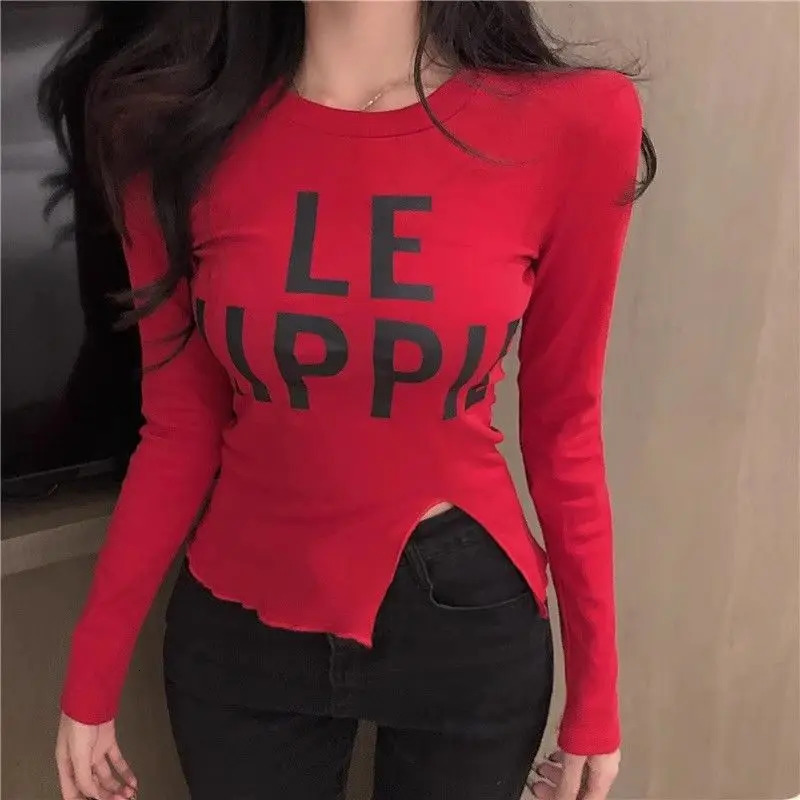 Y2K Letter Printing Short T Shirts Spring Long Sleeve Solid Color Slim Split Hem Sexy Tops Tees Fashion Trend Women Clothing 241011