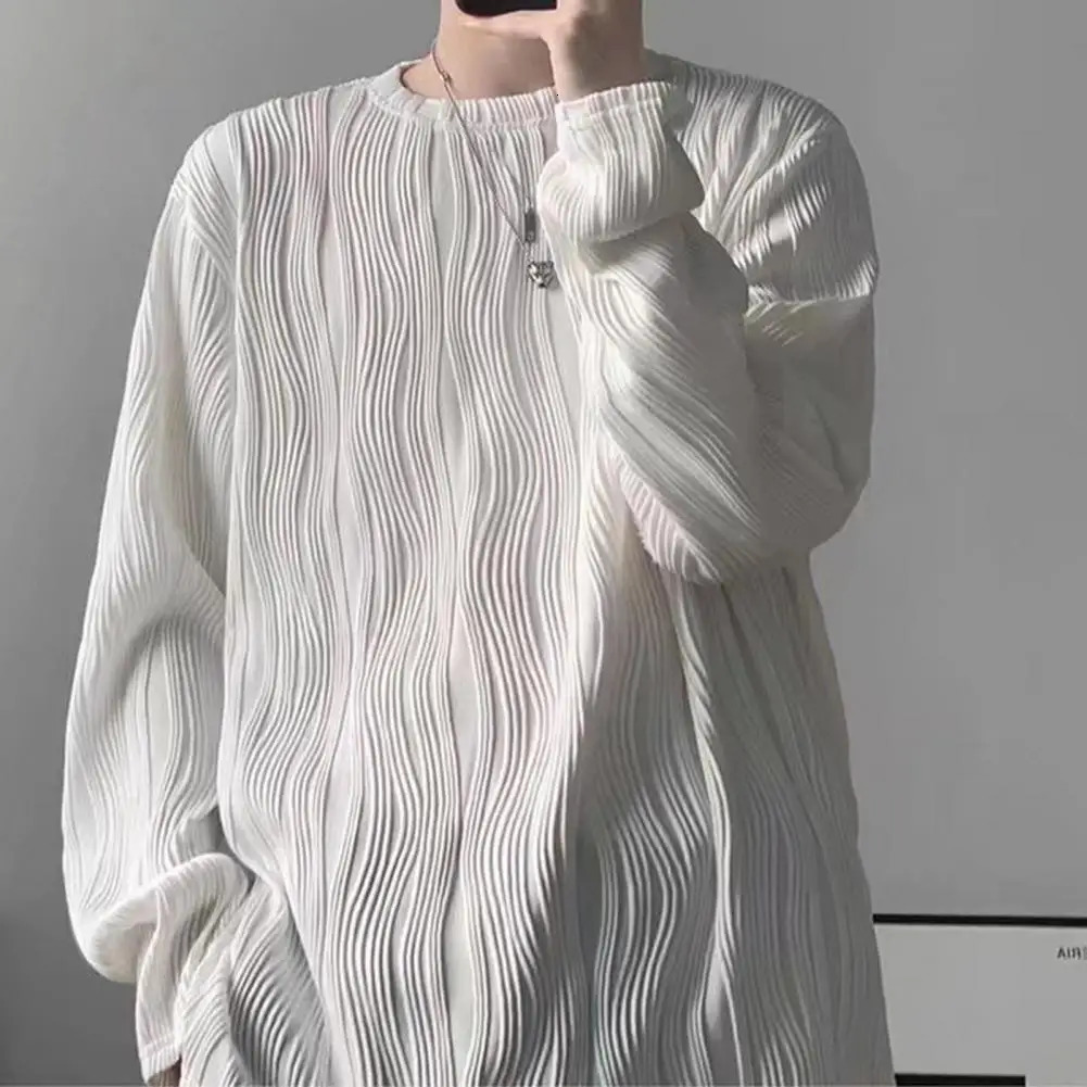 Water Wave Texture Fall Spring Men Top Round Neck Long Sleeve Oversized Solid Color Loose Pullover Mid Length Men Soft T-shirt 241011