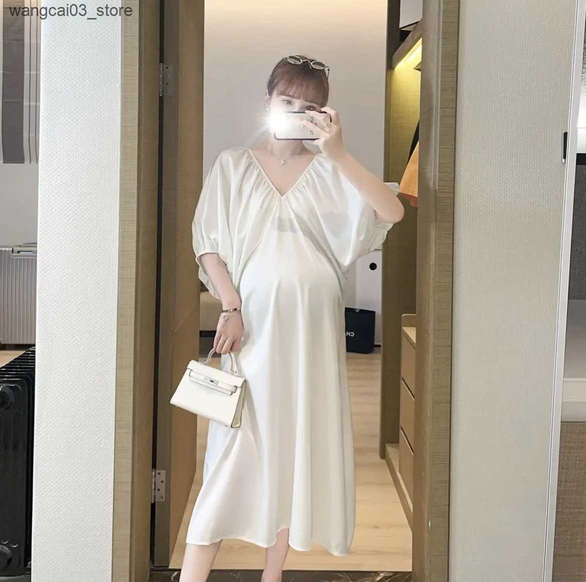 Maternity Dresses Japanese Style Maternity Chiffon Dress Puff Sleeve V-neck Plus Size Pregnant Woman Summer Clothes Pregnancy Long Loose Dresses L2409