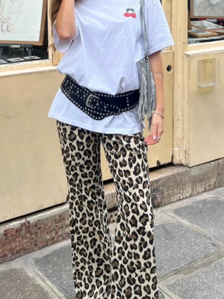 Vintage Leopard Women Pants Casual Lace Up Wide Leg High Waist Loose All-match Trouser 2024 Summer Fashion Lady Y2k Streetwear 241011