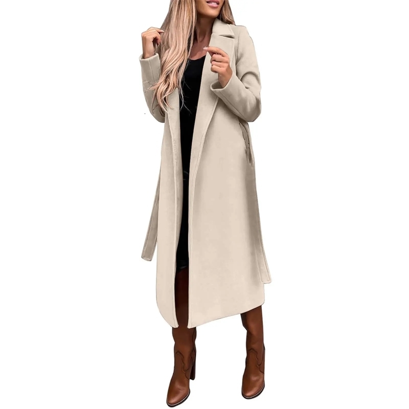 2023 Crossborder Womens Autumnwinter Solid Color Lapel Long Sleeve Woolen Jacket Simple Tied Windbreaker 240905