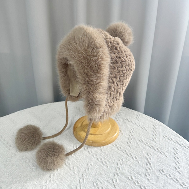 thick Winter anti cold sleeve knitted with plush wool ball for warmth ear protection children's cross-border big head hat from Europe and America