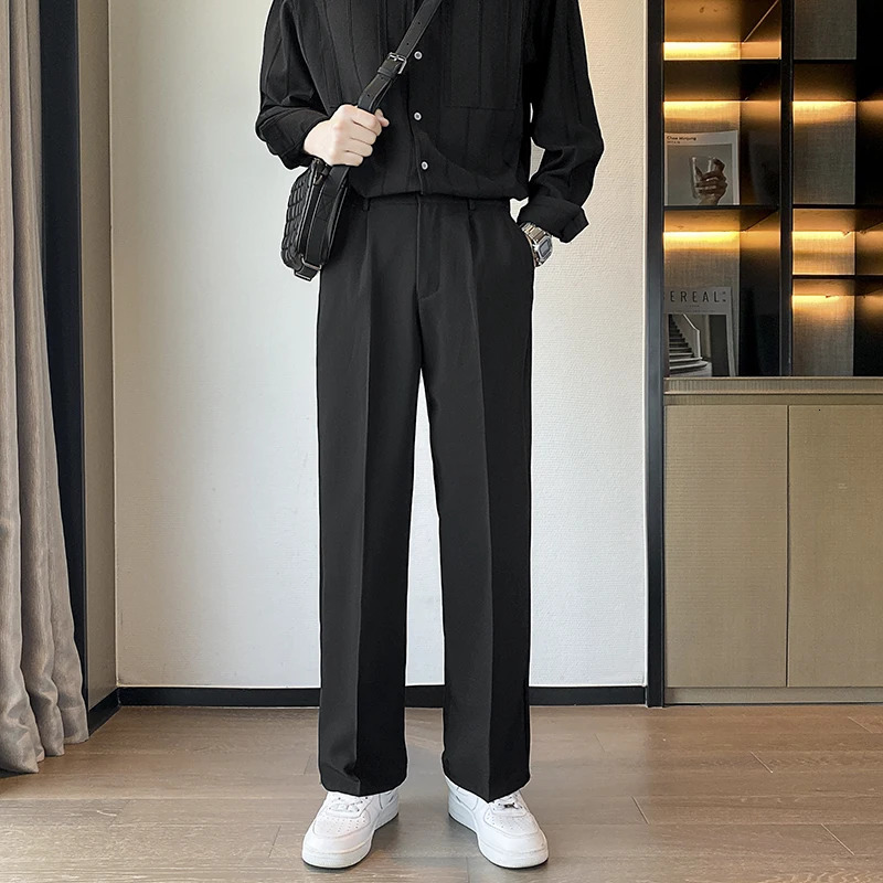 Spring and summer mens pants wide leg Trousers fashionable streetwear solid stretch waist oversized black 241010