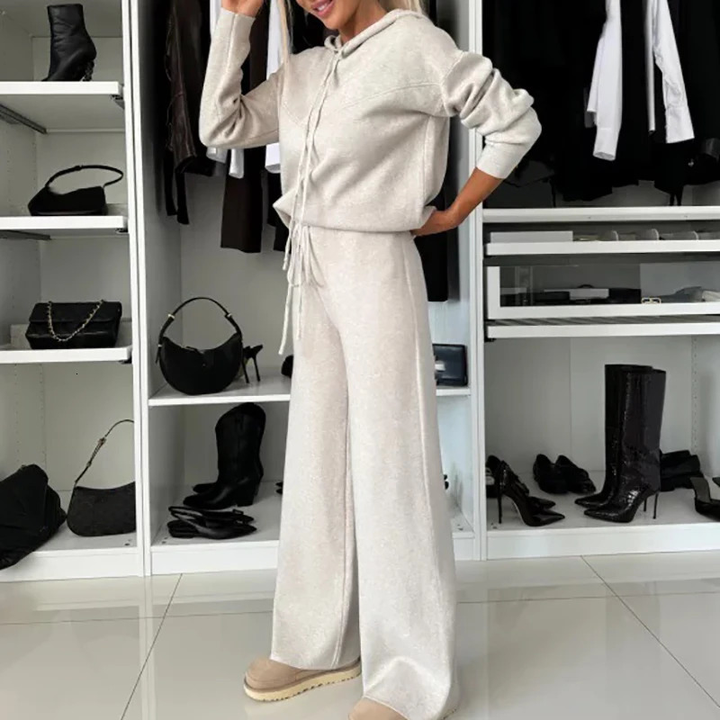 Winter Warm Womens Elegant Solid Color Lace Slimming Set Womens Long Sleeve Hooded TopPants Two Piece Set 240930