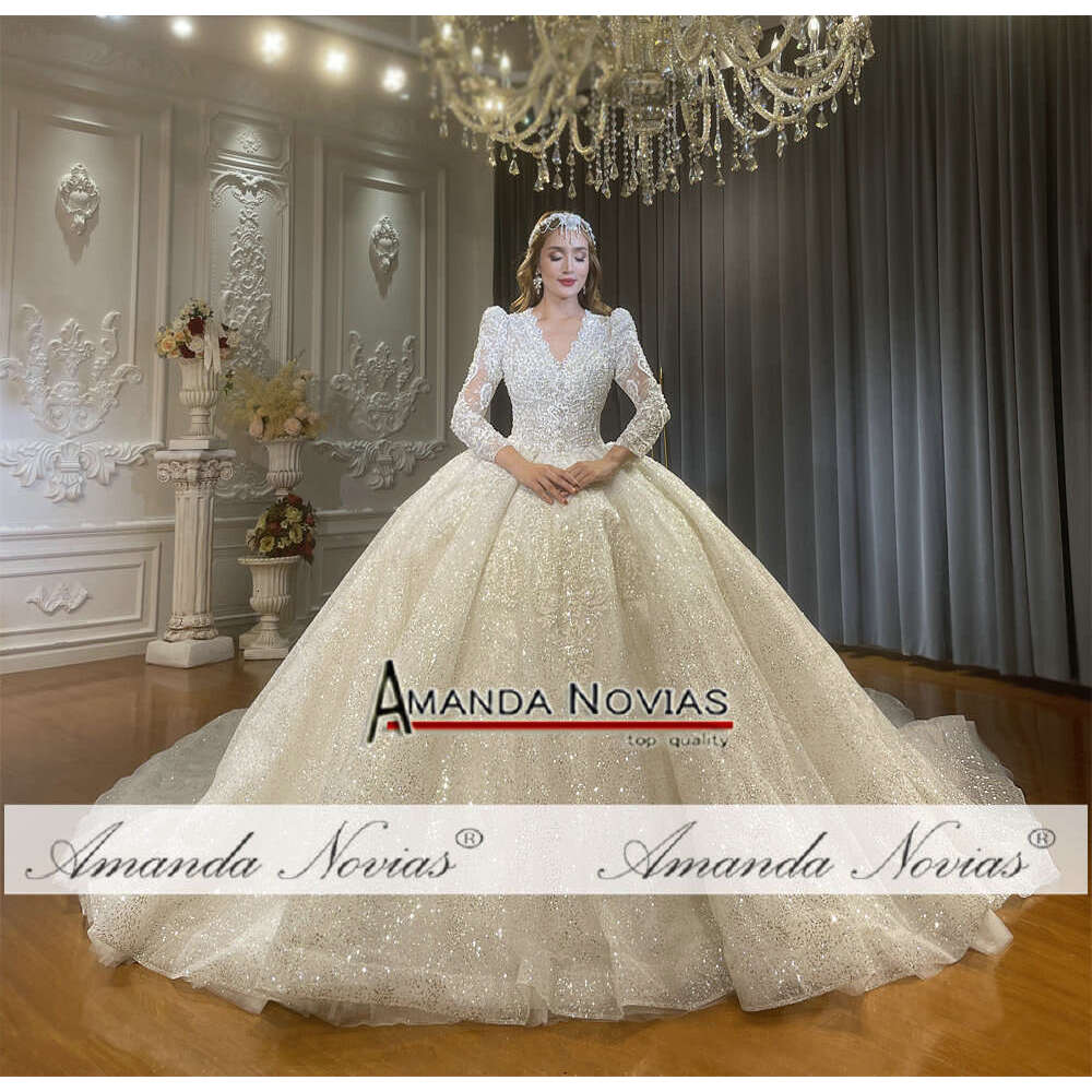Royal V-necke Lace Shiny Wedding Dress