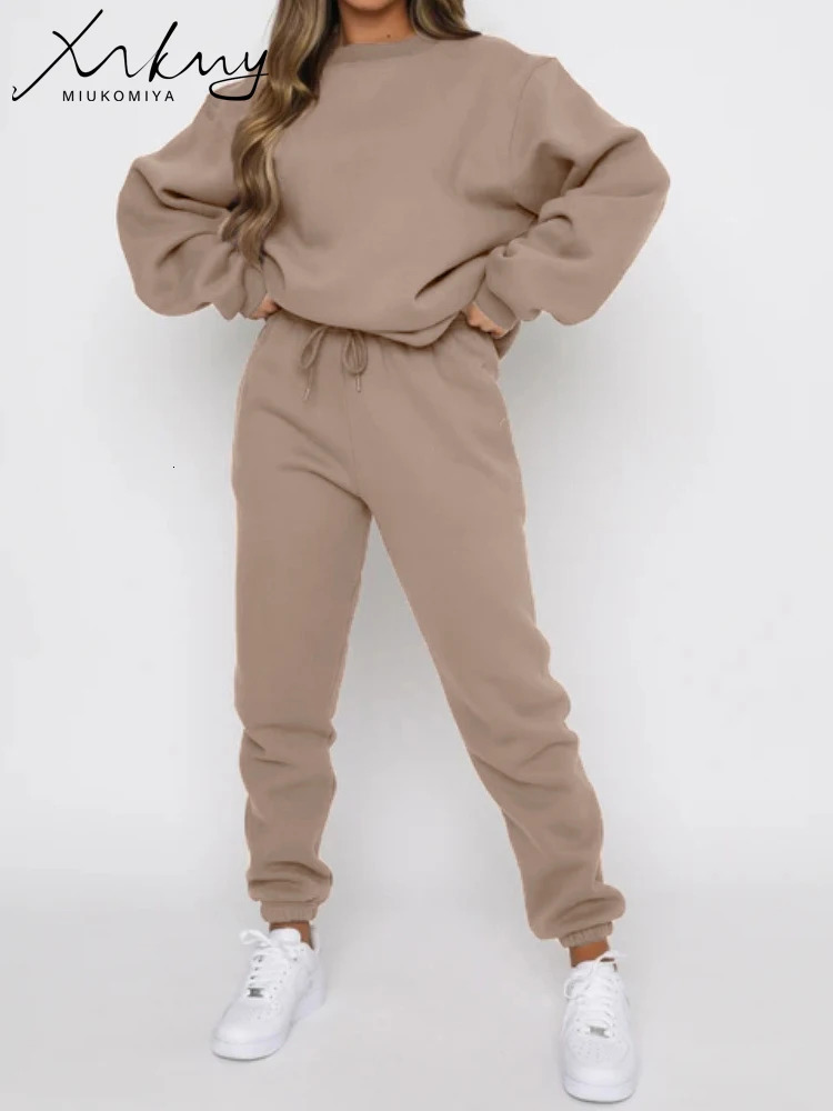 MiuKoMiYa Womens Pants Set Winter Two piece Sportswear Loose Wool Oneck Sweater 2piece 241008